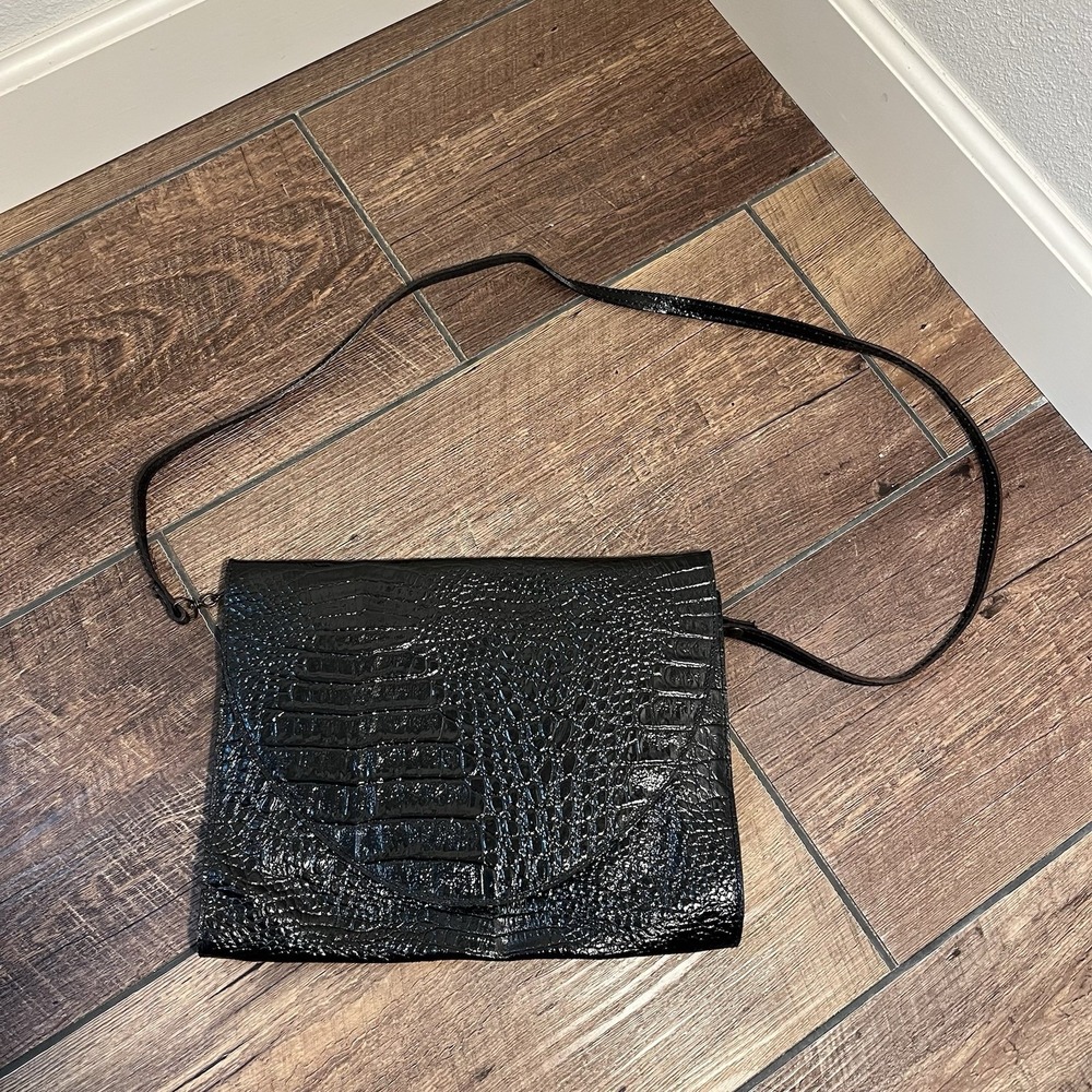 Amelia Berko Genuine Leather Alligator Embossed Black Handbag